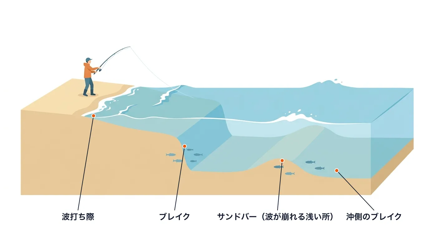 砂浜の断面図。波打ち際から沖に向かって、急に深くなるブレイク、波が崩れる浅いサンドバー、その沖側のブレイクが並ぶ