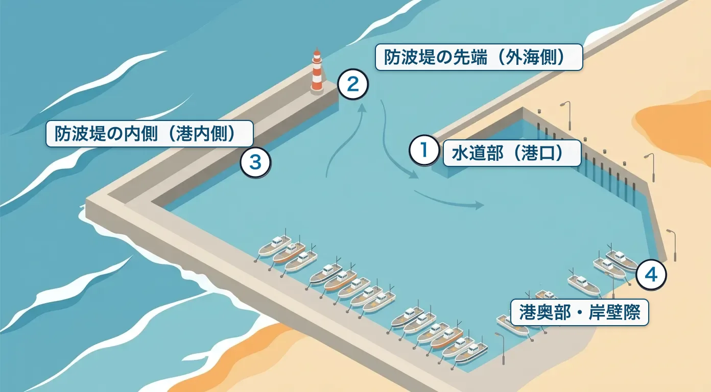 漁港を上から見た図。①港口の水道部、②防波堤の先端(外海側)、③防波堤の内側(港内側)、④港奥の岸壁際の4か所に番号と名前を付けている