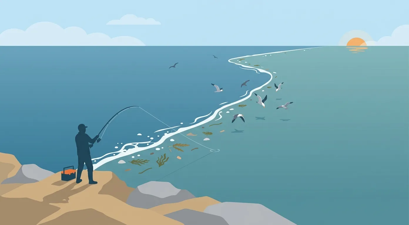 磯から見た潮目。色の違う海水の境目に白い泡や海藻が帯状に連なり、海鳥が集まっている