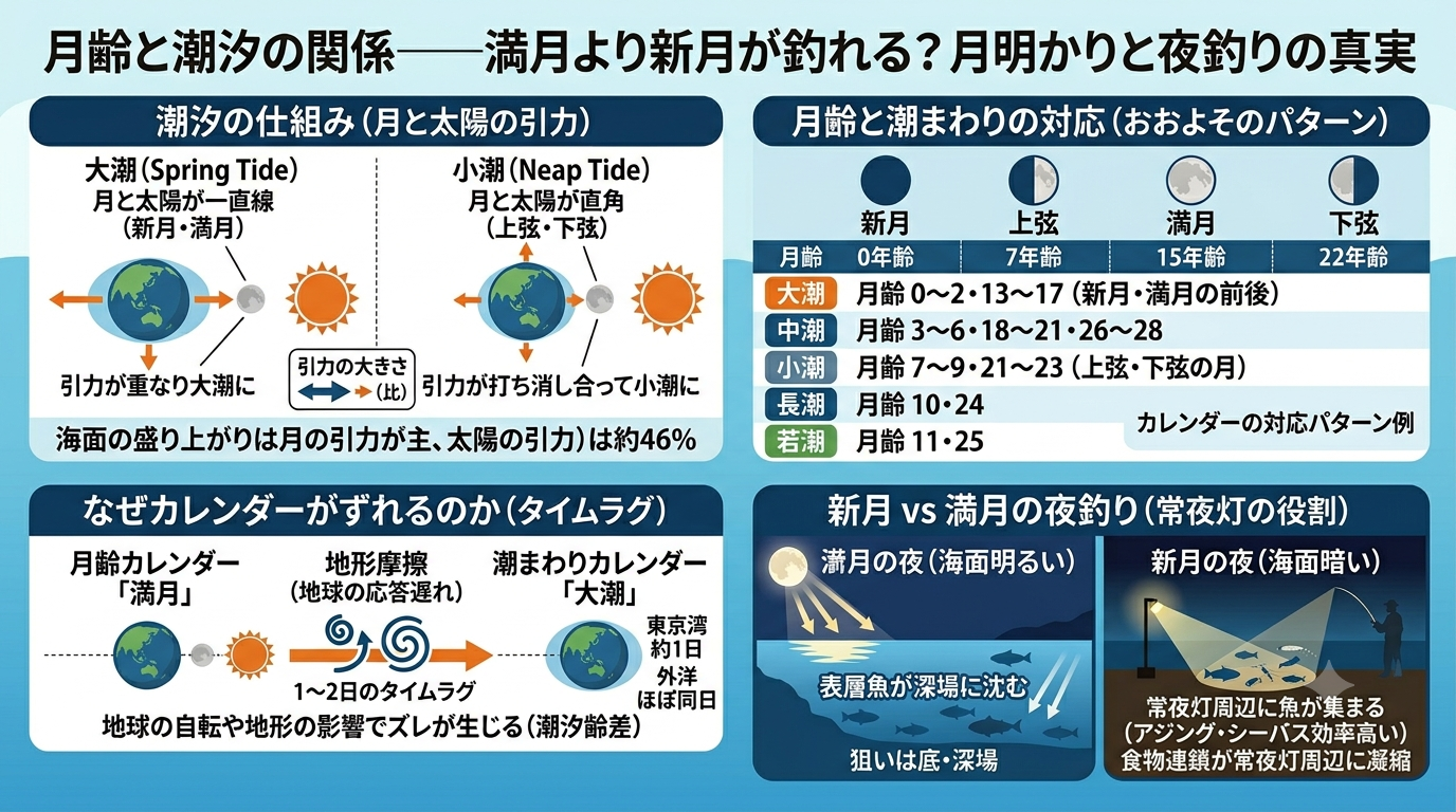 月齢と潮汐の関係:大潮・小潮の仕組み、月齢と潮まわりのずれ、新月vs満月の夜釣り比較