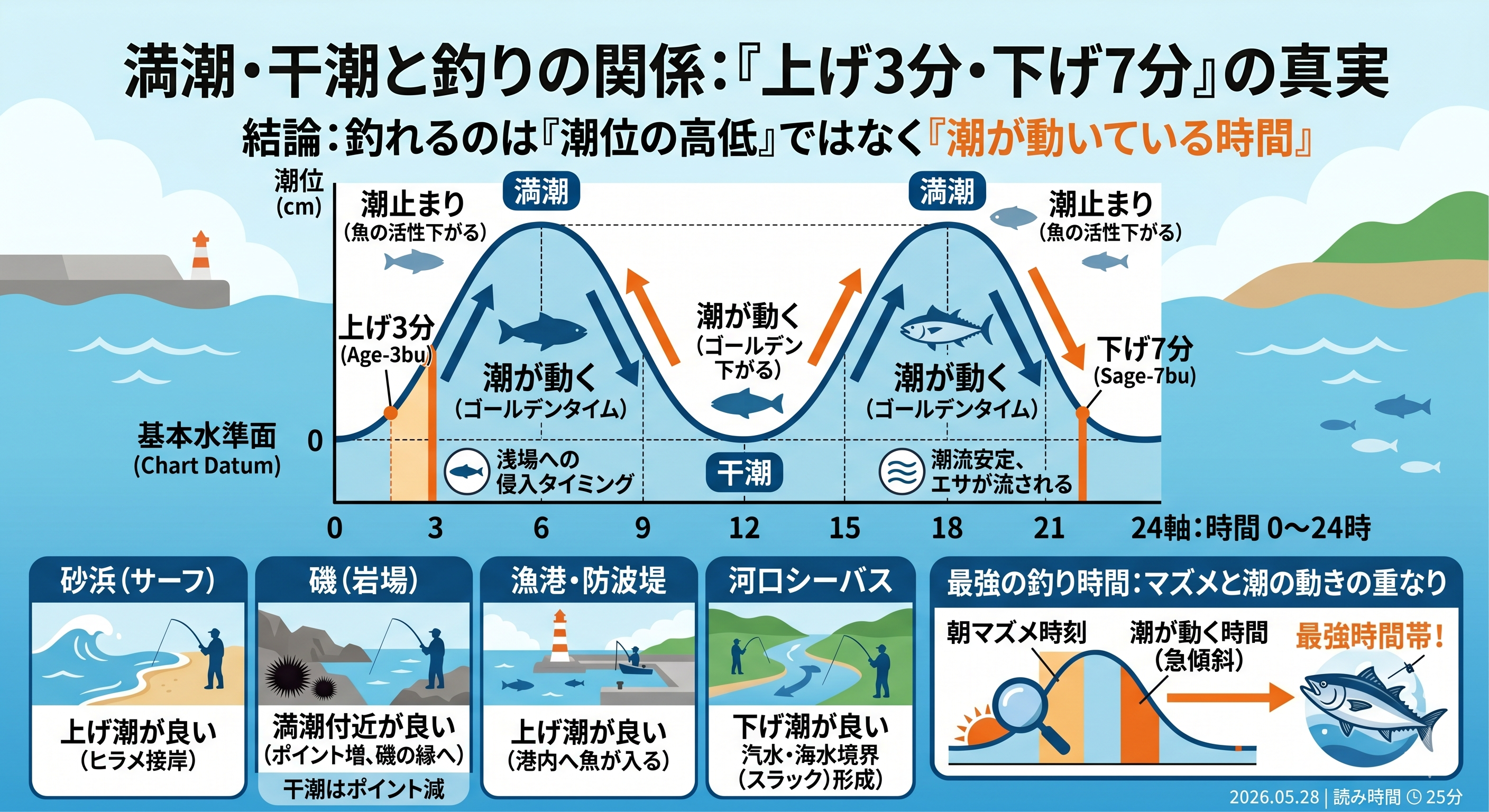満潮・干潮と釣りの関係：上げ3分・下げ7分の真実——釣れるのは潮が動いている時間