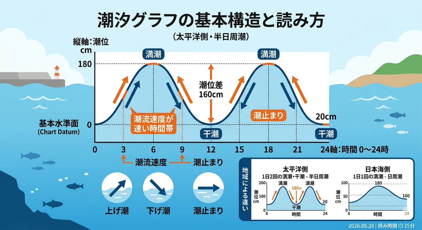 潮汐グラフの基本構造：満潮・干潮・潮流速度・上げ潮と下げ潮の読み方